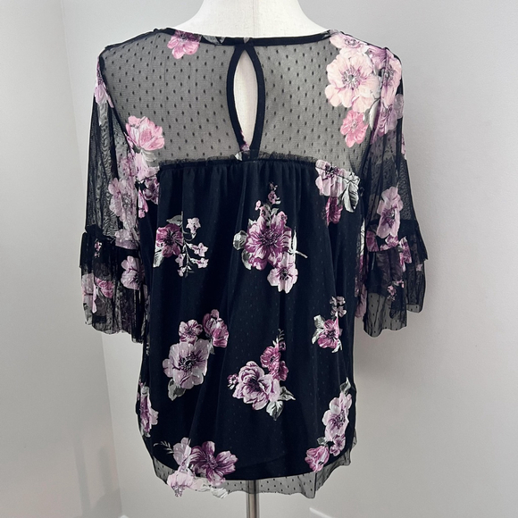 Sheer Floral Mesh Womens Top Black Pink Bell Sleeve Whimsigoth Fairy Grunge Boho - Picture 2 of 9